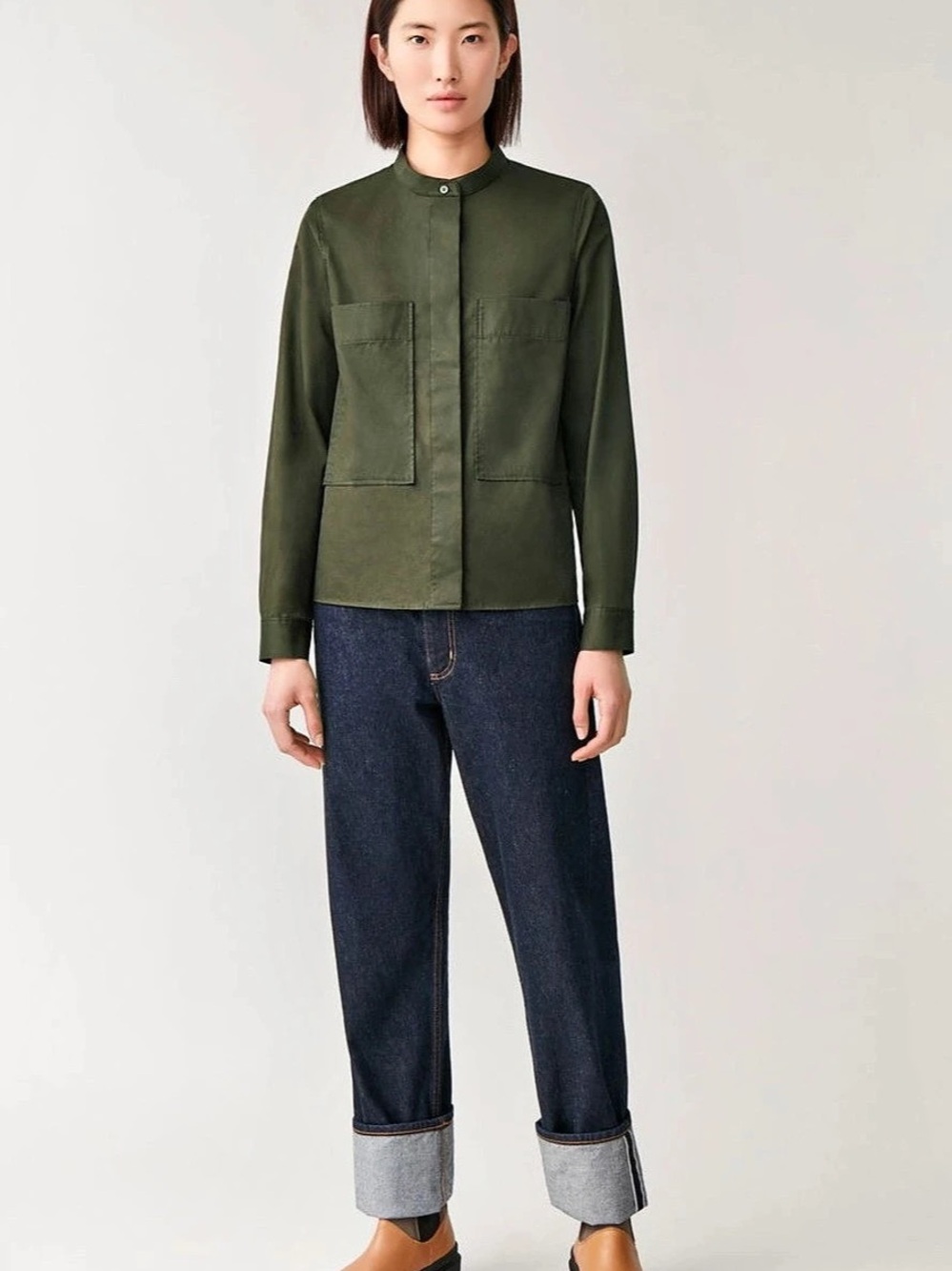 COS Olive Cotton Button Front Shirt Size EU 38